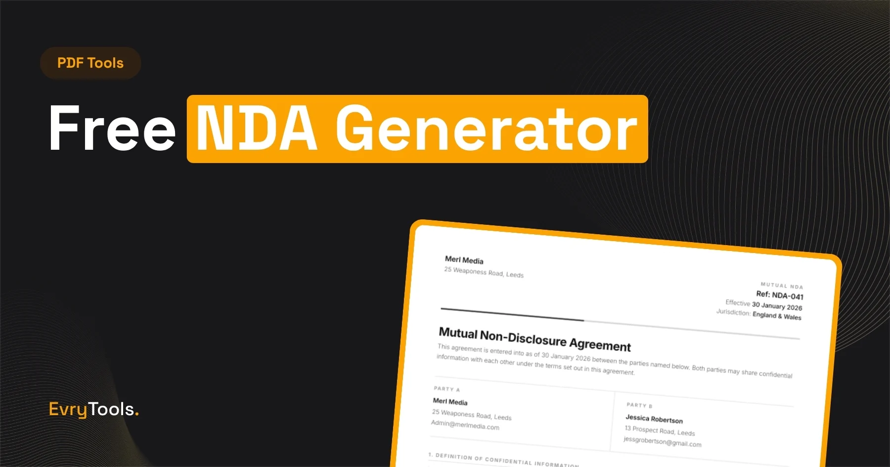 Free NDA generator showing a completed non-disclosure agreement